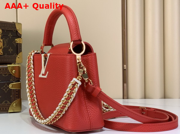 Louis Vuitton Capucines Mini Handbag in Rouge Orange Taurillon Leather with Hand Braided Chain M28691 Replica