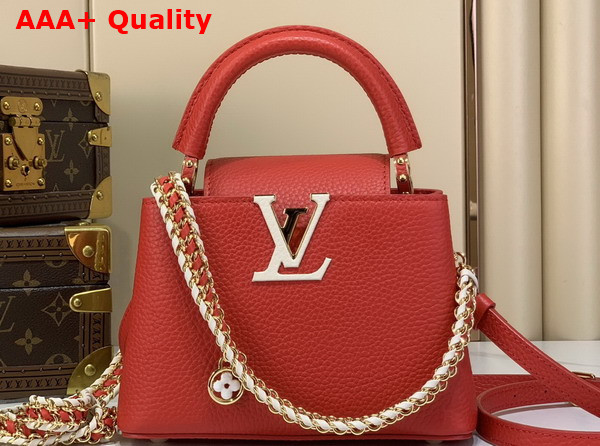 Louis Vuitton Capucines Mini Handbag in Rouge Orange Taurillon Leather with Hand Braided Chain M28691 Replica