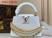 Louis Vuitton Capucines Mini Handbag in Silver Sea Taurillon Leather with Triple Chain Adornment Replica