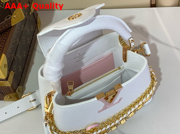 Louis Vuitton Capucines Mini Handbag in Silver Sea Taurillon Leather with Triple Chain Adornment Replica