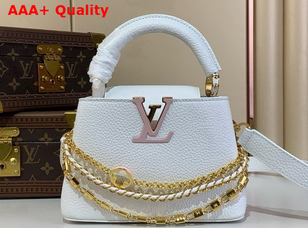 Louis Vuitton Capucines Mini Handbag in Silver Sea Taurillon Leather with Triple Chain Adornment Replica