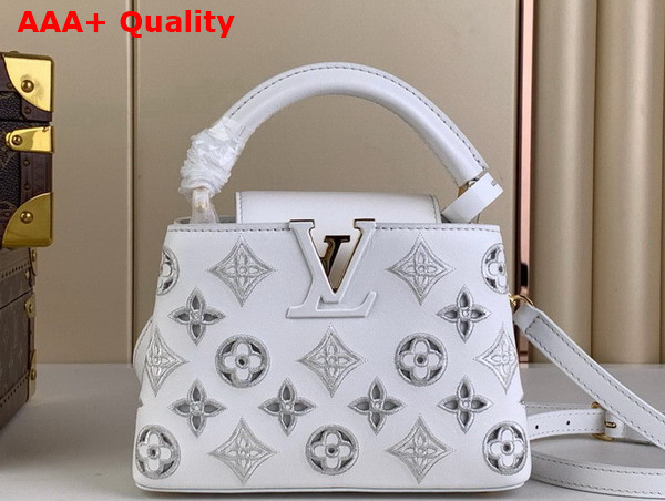 Louis Vuitton Capucines Mini Handbag in Snow White Calfskin Perforated with the Monogram Pattern Replica