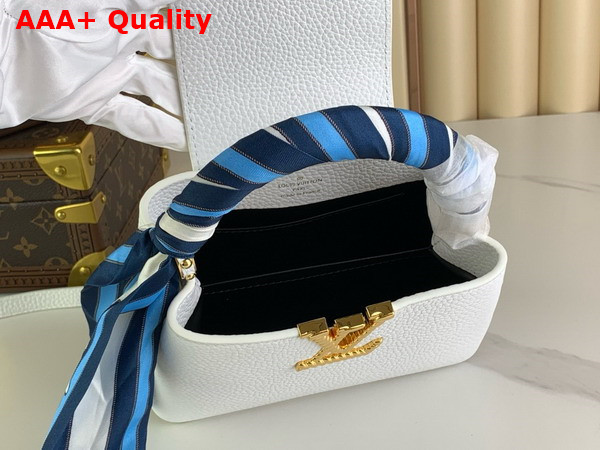 Louis Vuitton Capucines Mini Handbag in Snow White Taurillon Leather with Scarf Wrapped Around the Top Handle Replica