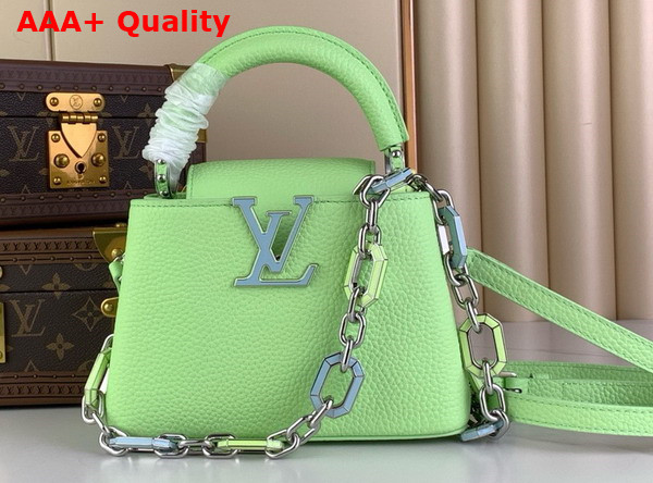 Louis Vuitton Capucines Mini Handbag in Spring Green Taurillon Leather Features a Joyfully Arty Enameled Chain M24683 Replica