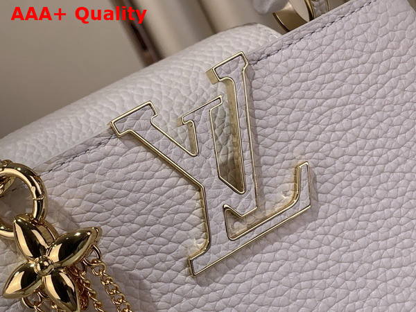 Louis Vuitton Capucines Mini Handbag in Vanille Taurillon Leather Embellished with Tonal LV Initials and a Decorative Stone Embellished Charm Replica