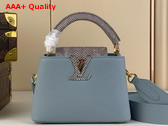 Louis Vuitton Capucines Mini Handbag in Washed Blue Taurillon Leather and Lizard Leather Trim Replica