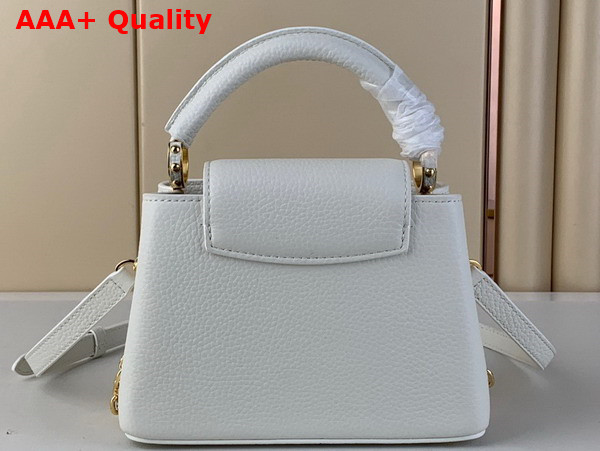Louis Vuitton Capucines Mini Handbag in White Taurillon Leather Gold Color Chain Adorned with Colored Monogram Flowers Replica