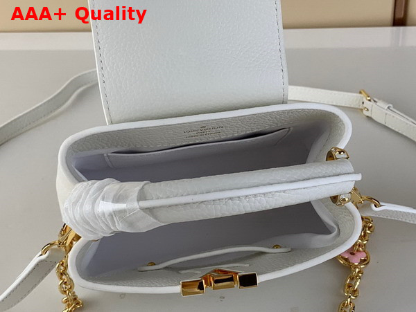Louis Vuitton Capucines Mini Handbag in White Taurillon Leather Gold Color Chain Adorned with Colored Monogram Flowers Replica