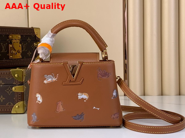 Louis Vuitton Capucines Mini Handbag in a Timeless Tan Colorway Playfully Detailed with Hand Drawn Cat Illustrations Replica