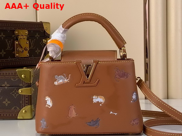 Louis Vuitton Capucines Mini Handbag in a Timeless Tan Colorway Playfully Detailed with Hand Drawn Cat Illustrations Replica
