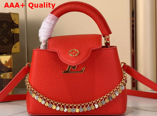 Louis Vuitton Capucines Mini Sari Red Taurillon Leather with a Mixed Metal Decorative Chain M28304 Replica