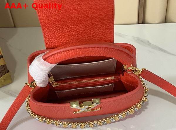 Louis Vuitton Capucines Mini Sari Red Taurillon Leather with a Mixed Metal Decorative Chain M28304 Replica