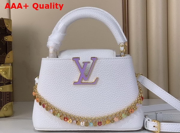 Louis Vuitton Capucines Mini Snow Taurillon Leather with a Colorful Charm Embellished Chain M28200 Replica