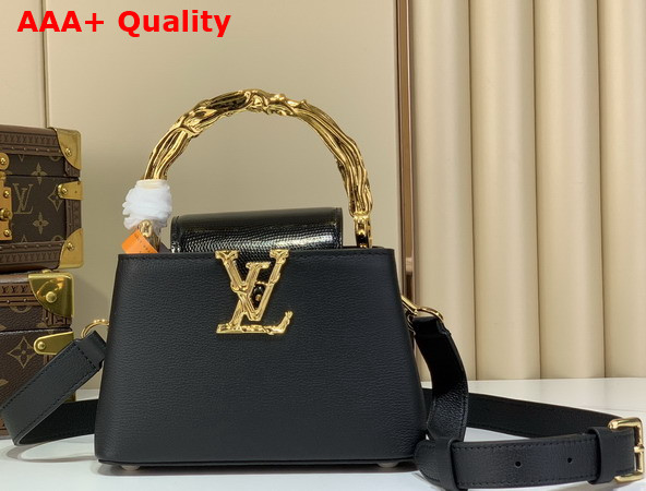 Louis Vuitton Capucines Mini in Black Bull Calf and Karung Leather Elevated with a Gold Toned Handle and LV Initials M13737 Replica