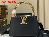 Louis Vuitton Capucines Mini in Black Bull Calf and Karung Leather Elevated with a Gold Toned Handle and LV Initials M13737 Replica