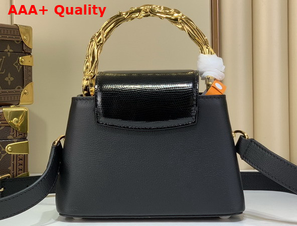 Louis Vuitton Capucines Mini in Black Bull Calf and Karung Leather Elevated with a Gold Toned Handle and LV Initials M13737 Replica