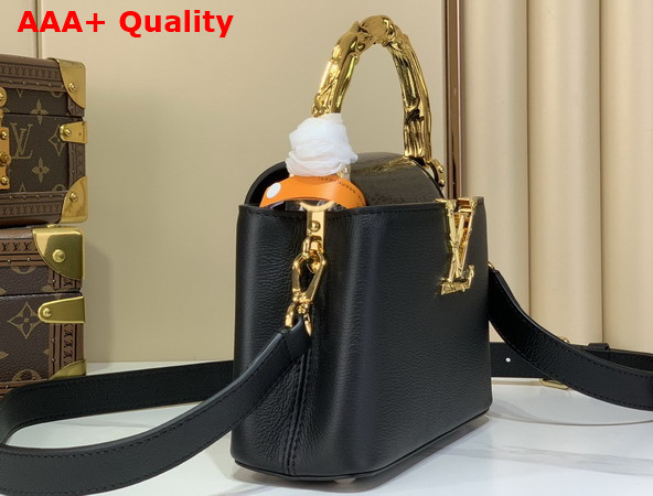 Louis Vuitton Capucines Mini in Black Bull Calf and Karung Leather Elevated with a Gold Toned Handle and LV Initials M13737 Replica