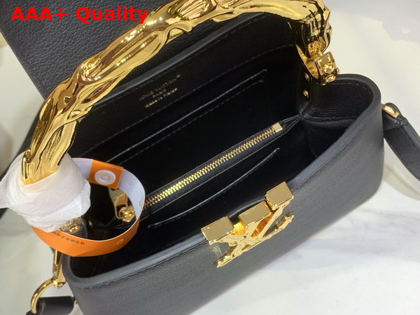 Louis Vuitton Capucines Mini in Black Bull Calf and Karung Leather Elevated with a Gold Toned Handle and LV Initials M13737 Replica