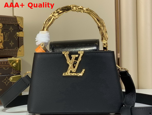 Louis Vuitton Capucines Mini in Black Bull Calf and Karung Leather Elevated with a Gold Toned Handle and LV Initials M13737 Replica