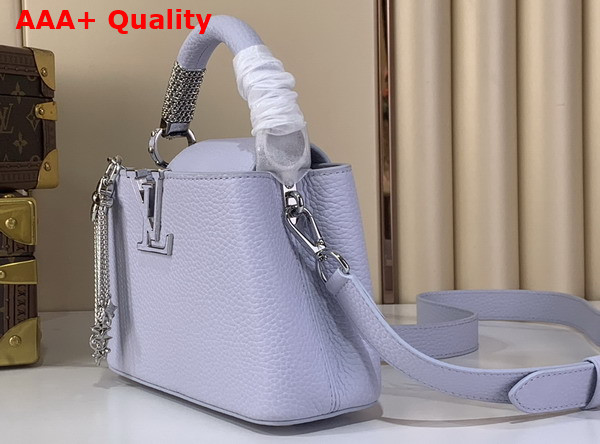 Louis Vuitton Capucines Mini in Frozen Blue Taurillon Leather with Chain Charm M26328 Replica