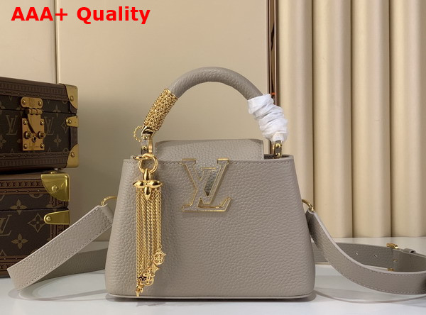 Louis Vuitton Capucines Mini in Galet Gray Taurillon Leather with Chain Charm Replica