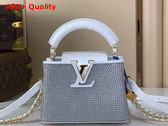 Louis Vuitton Capucines Nano Bag Silver Cyrstals On Textile Wihte Crocodile Embossied Leather Trim Replica