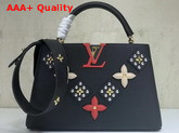Louis Vuitton Capucines PM Black Taurillon Skin with Metal Studded Taiga Leather Patches M51384 Replica