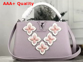 Louis Vuitton Capucines PM Handbag Brume Grey Taurillon Leather Embellished with Colored Monogram Flowers M53727 Replica