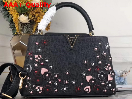 Louis Vuitton Capucines PM Handbag in Black Taurillon Leather Adorned with Flowers as Part of The LV Blooming Edition M53662 Replica