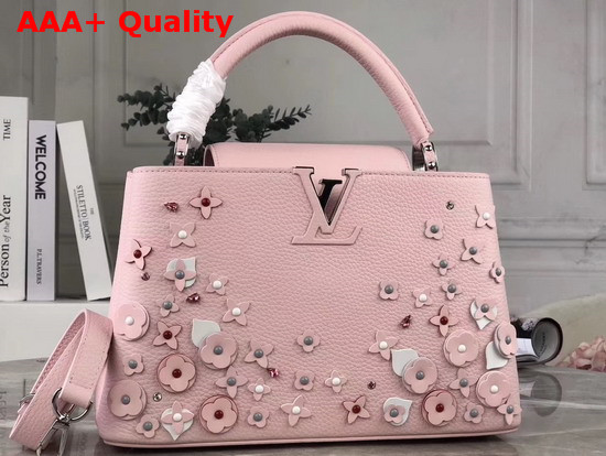 Louis Vuitton Capucines PM Handbag in Rose Pink Taurillon Leather Adorned with Flowers as Part of The LV Blooming Edition Replica
