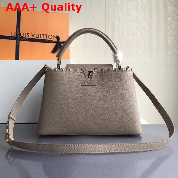 Louis Vuitton Capucines PM with Lace Croquets Technique Light Grey Grained Calfskin Replica