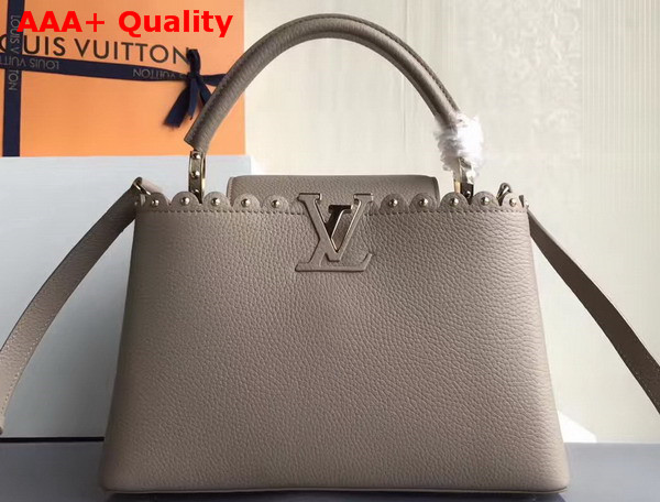 Louis Vuitton Capucines PM with Lace Croquets Technique Light Grey Grained Calfskin Replica