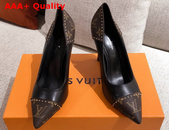 Louis Vuitton Cherie Pump in Black Calf Leather with Patent Monogram Canvas Replica