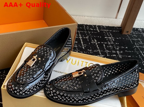 Louis Vuitton Chess Flat Loafer in Black Perforated Patent Calf Leather 1AGXRT Replica