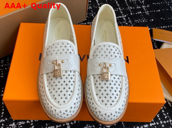Louis Vuitton Chess Flat Loafer in Ecru White Perforated Patent Calf Leather 1AGXSN Replica
