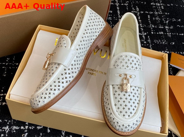 Louis Vuitton Chess Flat Loafer in Ecru White Perforated Patent Calf Leather 1AGXSN Replica