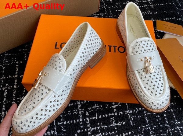 Louis Vuitton Chess Flat Loafer in Ecru White Perforated Patent Calf Leather 1AGXSN Replica