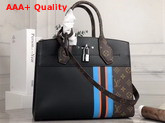 Louis Vuitton City Steamer MM Handbag in Black Calf Leather and Monogram Canvas with Vertical Blue Yellow and Black Stripes Replica