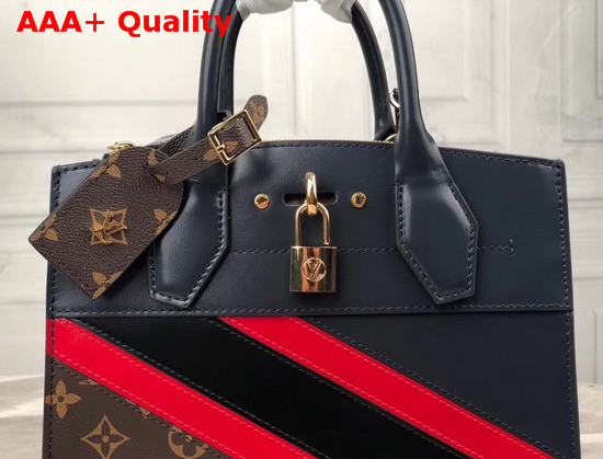 Louis Vuitton City Steamer MM Handbag in Navy Blue Calf Leather and Monogram Canvas with Diagonal Red and Black Stripes Replica