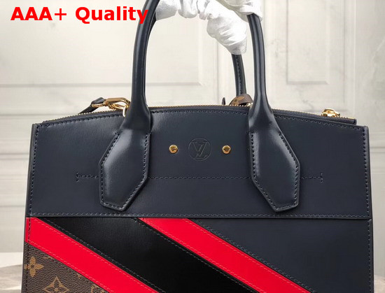 Louis Vuitton City Steamer MM Handbag in Navy Blue Calf Leather and Monogram Canvas with Diagonal Red and Black Stripes Replica