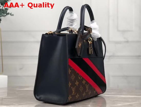Louis Vuitton City Steamer PM Handbag in Navy Blue Calf Leather and Monogram Canvas with Diagonal Red and Black Stripes M55434 Replica