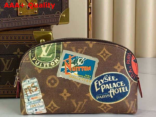 Louis Vuitton Cosmetic Pouch in Monogram Coated Canvas Decorated with Vintage Stickers M83597 Replica