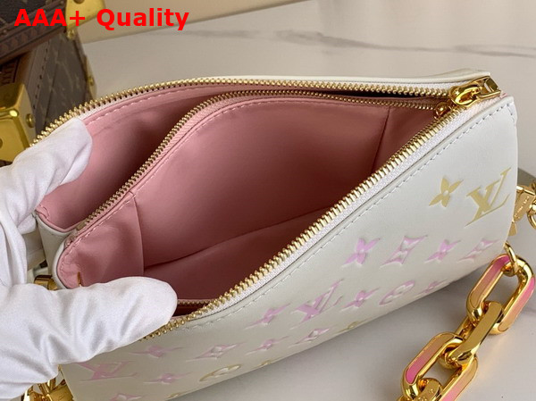Louis Vuitton Coussin BB Handbag in White Puffy Lambskin with the Monogram Embossed into the Leather then Printed Onto it in Pastel Tones M11727 Replica