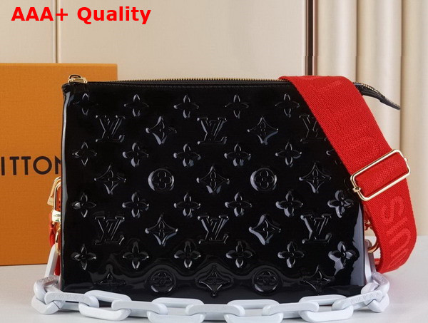 Louis Vuitton Coussin PM Handbag Black Monogram Embossed Patent Calfskin with Red Lambskin Replica