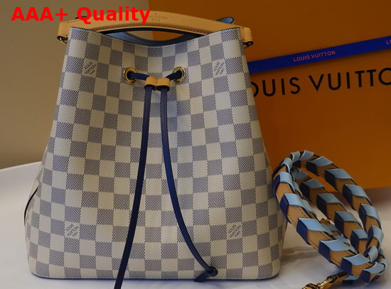 Louis Vuitton Damier Azur Canvas Neonoe MM Bucket Bag Features a Detachable Leather Top Handle and a Hand Braided Bicolor Leather Shoulder Strap N50042 Replica