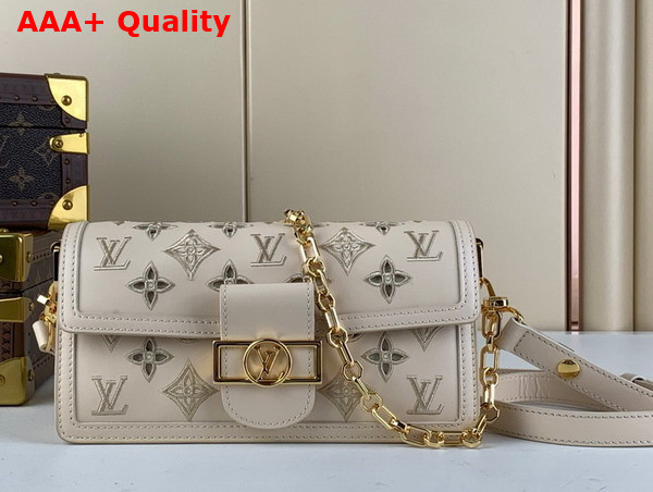 Louis Vuitton Dauphine East West Handbag in Beige Lambskin Patterned with Cut Out Monogram Motif M22955 Replica