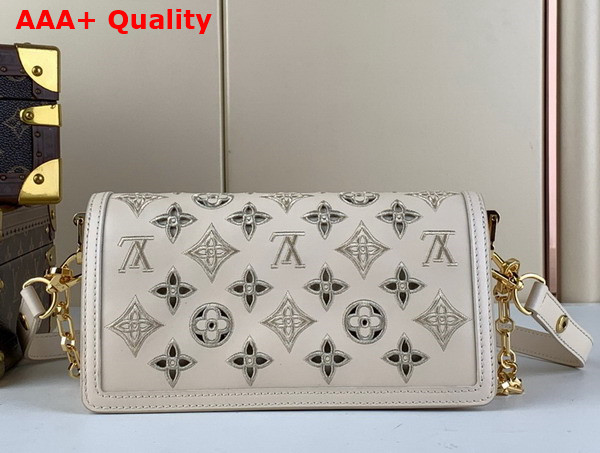 Louis Vuitton Dauphine East West Handbag in Beige Lambskin Patterned with Cut Out Monogram Motif M22955 Replica