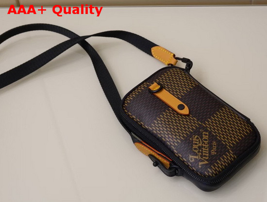 Louis Vuitton Double Phone Pouch in Giant Damier Ebene Canvas and Features a Nigo Tortoise with LV Made Written on His Sheel N40377 Replica