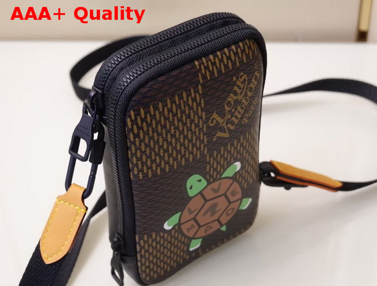 Louis Vuitton Double Phone Pouch in Giant Damier Ebene Canvas and Features a Nigo Tortoise with LV Made Written on His Sheel N40377 Replica
