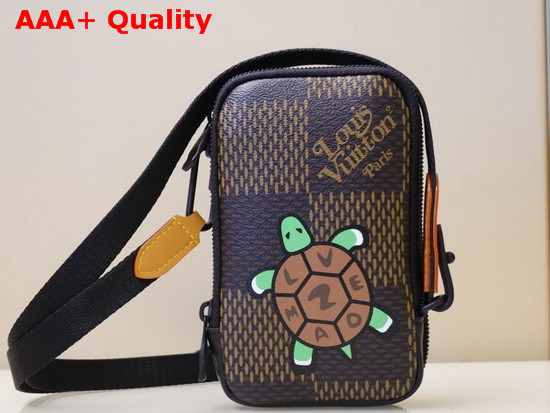 Louis Vuitton Double Phone Pouch in Giant Damier Ebene Canvas and Features a Nigo Tortoise with LV Made Written on His Sheel N40377 Replica